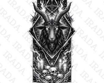 Baphomet Ritual PNG, Satanic Goat Head with Skulls & Candles, Gothic Occult Illustration, Dark Art Digital Download, Esoteric Altar Print