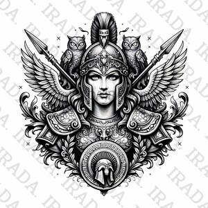 May include: Black and white illustration of a woman in a helmet, with two owls, wings, and spears. The woman has a stern expression and is surrounded by ornate details, including a shield and decorative foliage.