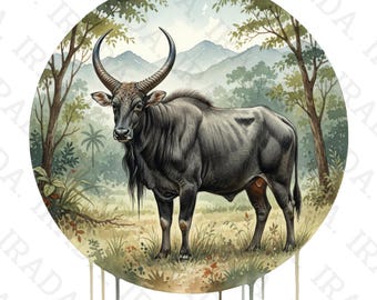 Watercolor Kouprey Clipart, Rare Forest Ox Png for Sublimation, Wild Cattle Art, Kouprey Digital Download PNG JPG