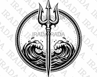 Poseidon Trident Emblem PNG, Greek Sea God Logo, Ocean Waves Illustration, Nautical Mythology Art, Minimalist Digital Download Download