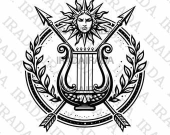 Apollo Lyre Emblem PNG, Greek God Sun Logo Illustration, Music & Poetry Symbol Art, Mythology Harp Print, Premium Digital Download PNG