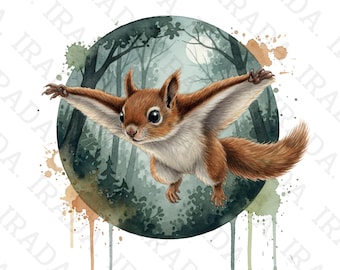 Watercolor Flying Squirrel Clipart, Night Forest Animal Png for Sublimation, Squirrel Digital Download PNG JPG