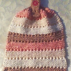 Knitted Self-Striping Button Top Hand Towel with instructions to turn any dishcloth pattern into a hanging towel. Discounts for classes.