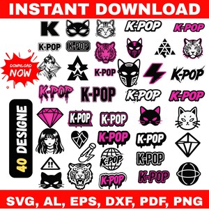 Puede incluir: Un diseño gráfico de descarga digital con 40 diseños temáticos de K-Pop. Los diseños incluyen caras de gato, caras de tigre, formas de diamante y el texto "K-POP" en varias fuentes. La imagen también incluye el texto "DESCARGA INSTANTÁNEA" y "40 DISEÑOS".