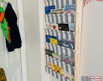 Behind the Door Montessori Kids Bookshelf 5 Tier | Solid Pine Wood Book Display with Washable Soft Canvas Shelves for Baby Boys