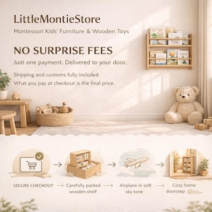 No Falling Books Design Natural Stain 4 tier tall Solid Pine Wood Montessori Kids Bookshelf Wall-Mounted image 3