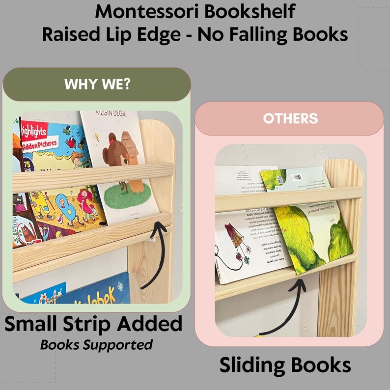 No Falling Books Design Natural Stain 4 tier tall Solid Pine Wood Montessori Kids Bookshelf Wall-Mounted image 4