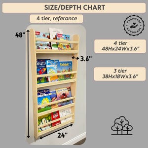 No Falling Books Design Natural Stain 4 tier tall Solid Pine Wood Montessori Kids Bookshelf Wall-Mounted image 7