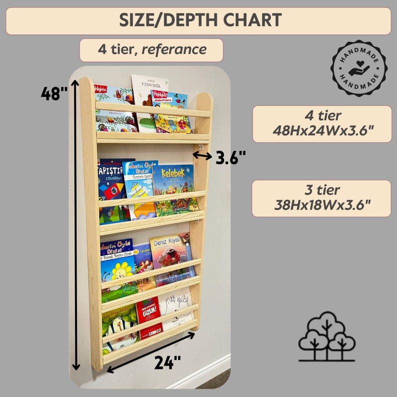 No Falling Books Design Natural Stain 4 tier tall Solid Pine Wood Montessori Kids Bookshelf Wall-Mounted image 7