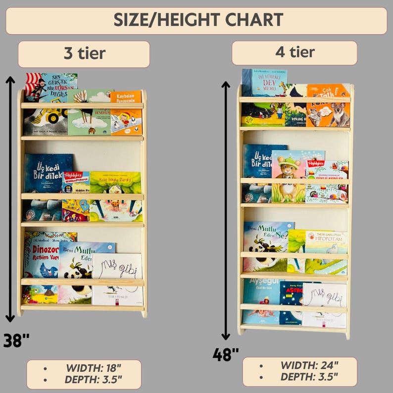 No Falling Books Design Natural Stain 4 tier tall Solid Pine Wood Montessori Kids Bookshelf Wall-Mounted image 5