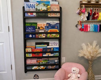 Black Anti-Fall Books Raised Lip Montessori Kids Bookshelf, Solid Pine Book Display, Nursery & Playroom Storage