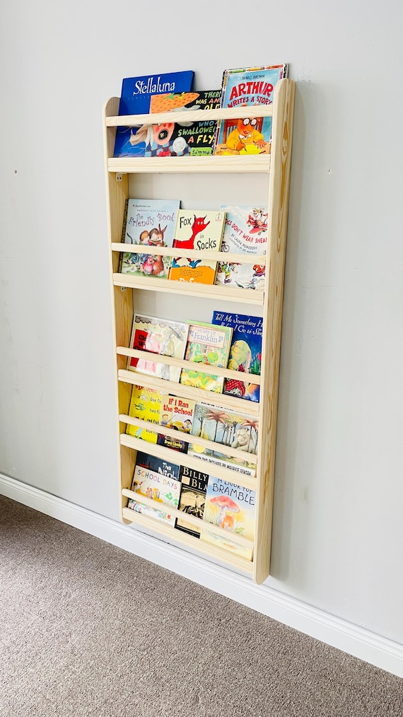 No Falling Books Design Natural Stain 4 tier tall Solid Pine Wood Montessori Kids Bookshelf Wall-Mounted