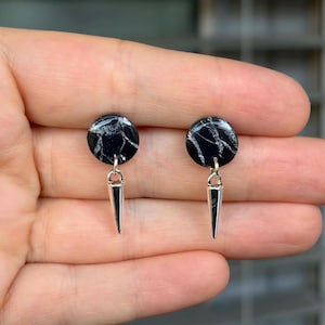 Black faux stone effect polymer clay earrings, geometric statement earrings, handmade marbled earrings, lightweight modern jewellery