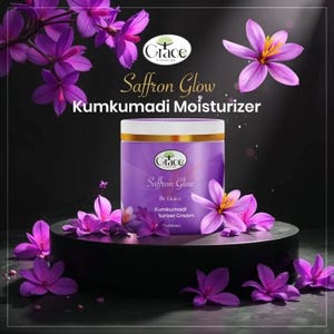 May include: A purple jar of "Saffron Glow Kumkumadi Moisturizer" with a gold lid, surrounded by purple flowers. The product is by Grace. The background is black.
