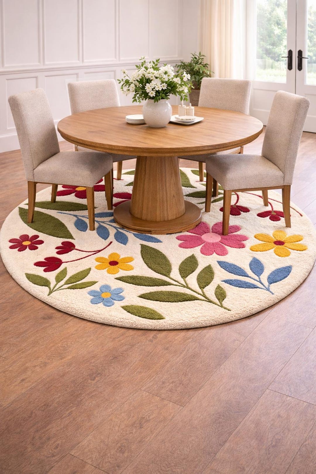 Round Floral Hand Tufted Rug, Colorful Wool Area Rug, Boho Botanical ...