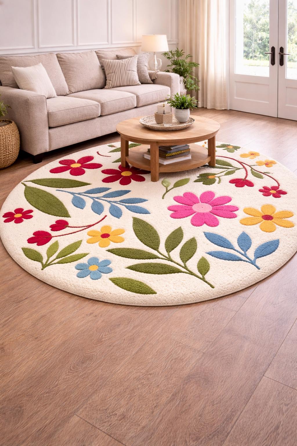 Round Floral Hand Tufted Rug, Colorful Wool Area Rug, Boho Botanical ...