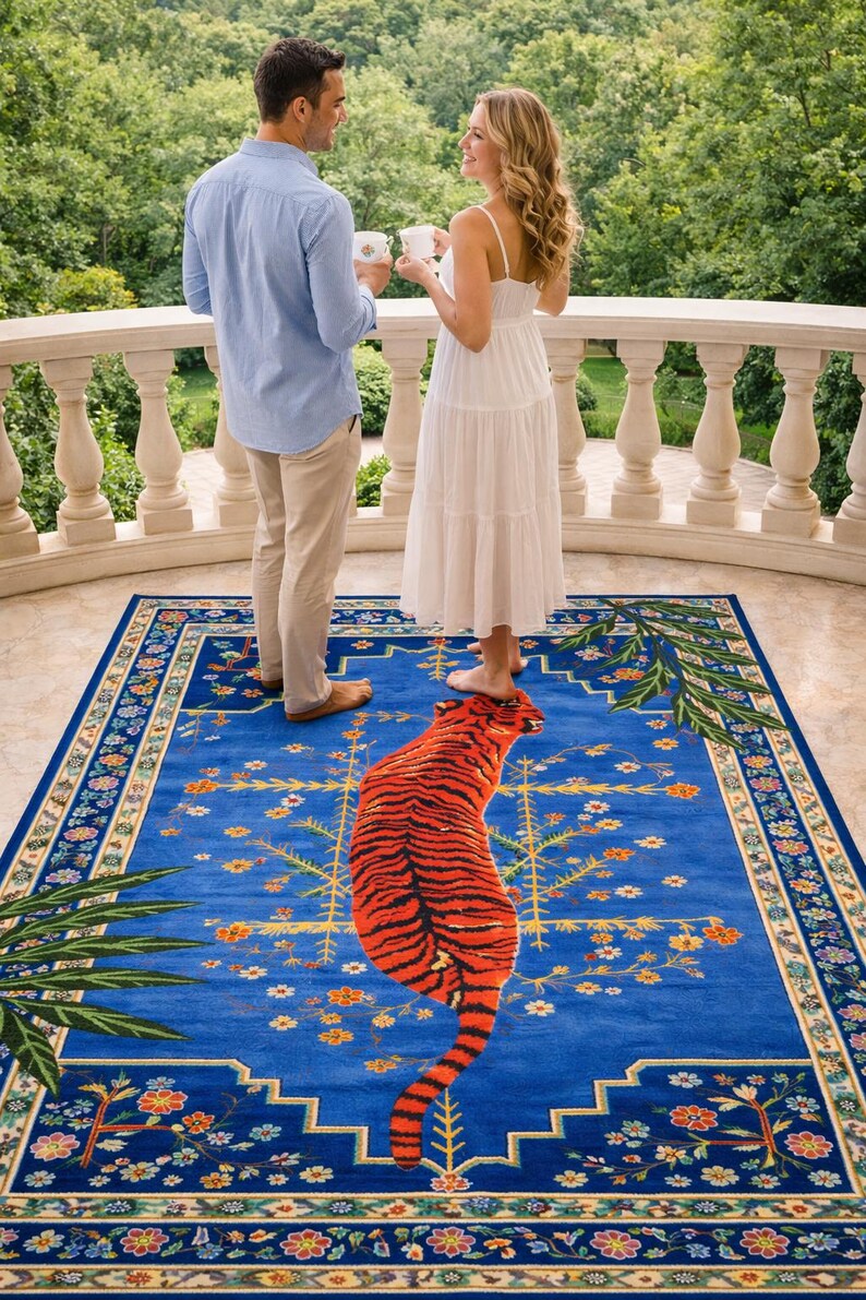 Vibrant Blue Rug Hand-tufted Wool Tiger Rug, Oriental Style, Royal Blue Carpet - Etsy