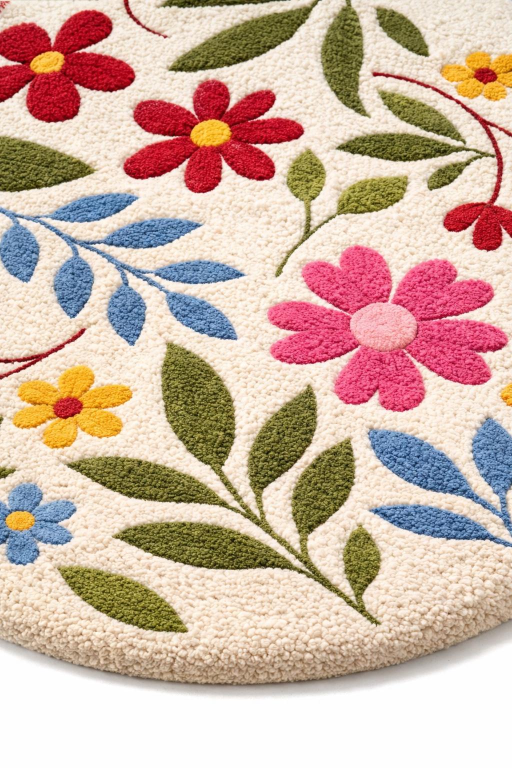 Round Floral Hand Tufted Rug, Colorful Wool Area Rug, Boho Botanical ...