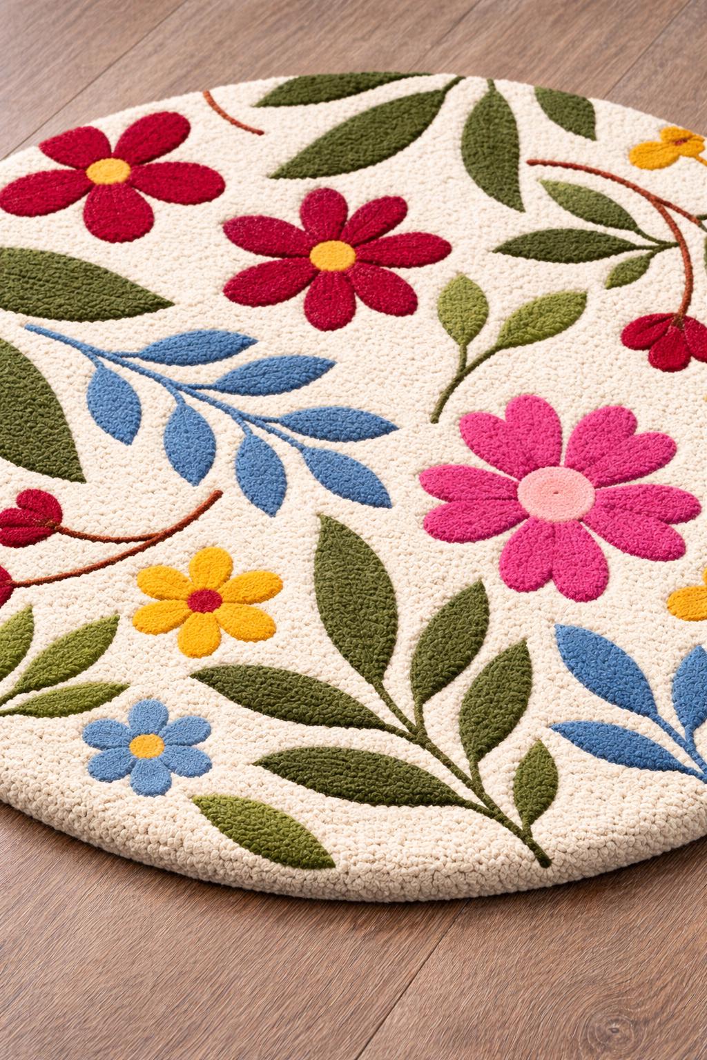 Round Floral Hand Tufted Rug, Colorful Wool Area Rug, Boho Botanical ...