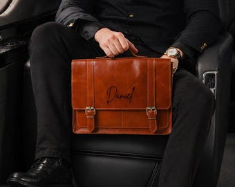 Personalized Full Grain Leather Briefcase for Men: Handmade Executive Laptop Bag, Corporate Gift