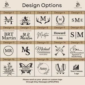 May include: A grid of design options for personalized items, featuring various initials, names, and custom logos. Designs include monograms, names, and decorative elements like antlers, wreaths, and butterflies. The text "Design Options" is at the top.
