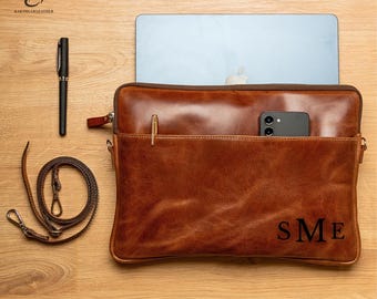 Personalized Full-Grain Leather Laptop Bag: Handmade 13 Inch MacBook Pro & Air Case with Strap