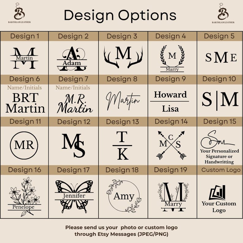 Puede incluir: Tabla de opciones de dise&ntilde;o con varios monogramas y logotipos. Los dise&ntilde;os incluyen iniciales, nombres y logotipos personalizados, con opciones como una mariposa, arreglos florales y flechas. El texto "Design Options" est&aacute; en la parte superior.