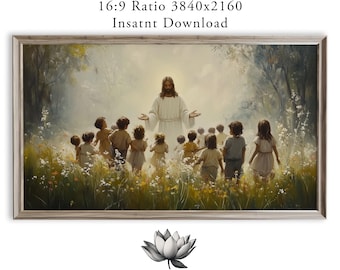 Jesus with Children Frame TV Art, Serene Pastoral Meadow Scene (Digital Download) 1794