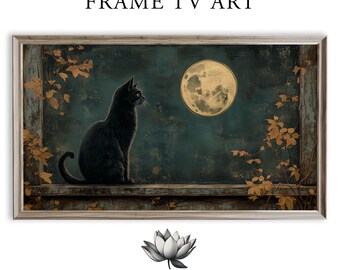 Black Cat and Moon Frame TV Art, Rustic Halloween Decor (Digital Download) 1814