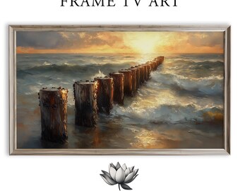 Coastal Sunset Frame TV Art Set of 4, Nautical Wooden Piers Seascape (Digital Download) 65