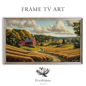 Puede incluir: Impresión artística enmarcada de un paisaje rural con una granja roja, campos de trigo y un camino sinuoso. El cielo es azul con nubes blancas y esponjosas. El texto "FRAME TV ART" está en la parte superior.