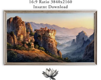 Meteora Cliffside Monastery Frame TV Art, Byzantine Landscape (Digital Download)