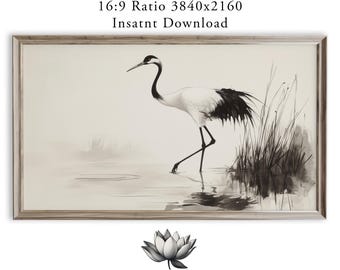 Elegant Crane Ink Wash Samsung Frame TV Art with Reeds (Digital Download) 1583