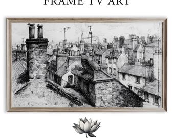 Moody Vintage Rooftop Cityscape Frame TV Art in Pen and Ink (Digital Download) 2164