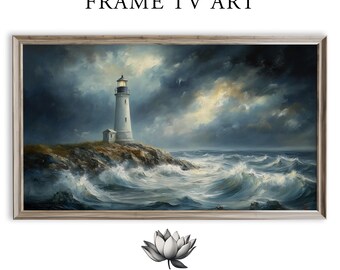 Moody Lighthouse Seascape Samsung Frame TV Art Stormy Ocean View (Digital Download) 60