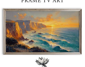 Coastal Sunset Seascape Frame TV Art Set of 3, Painterly Coastal Cliffs Art (Digital Download) 66