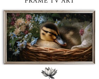 Cozy Duckling in Basket Frame TV Art, Cottagecore Decor (Digital Download) 2190