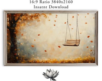 Rustic Autumn Swing Frame TV Art, Cozy Fall Painting (Digital Download) 2247
