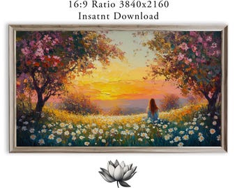 Romantic Sunset Meadow Samsung Frame TV Art Impressionistic Landscape (Digital Download) 2293