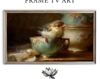 Small Fluffy Songbird in Teacup Cottagecore Samsung Frame TV Art (Digital Download) 2195