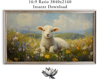 Pastoral Lamb in Meadow Frame TV Art with Wildflowers (Digital Download) 1800