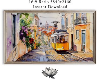 Bright Yellow Tram Cityscape Watercolor for Frame TV Art (Digital Download) 2269