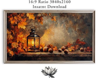 Autumn Lantern Frame TV Art Cozy Rustic Still Life with Maple Leaves (Digital Download) 2249