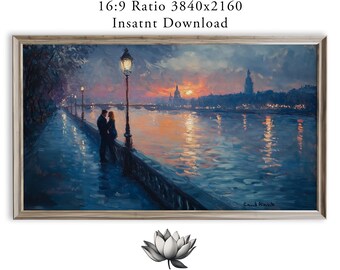 Romantic Couple at Riverside Frame TV Art, Moody Cityscape (Digital Download) 2277