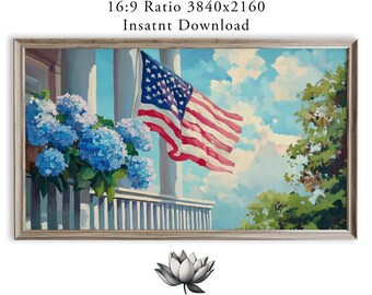 Patriotic Porch with American Flag Frame TV Art Hydrangeas Decor (Digital Download) 2261