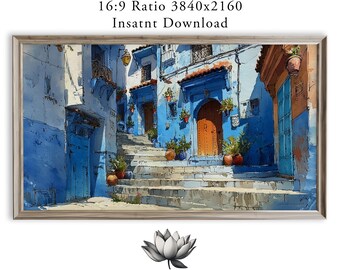 Mediterranean Alleyway Frame TV Art with Rustic Blue Steps (Digital Download)