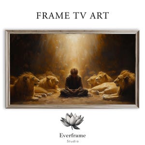 May include: Framed artwork featuring a person meditating surrounded by lions. The artwork is in warm tones of brown and gold, with the text "FRAME TV ART" at the top. The Everframe Studio logo is at the bottom.
