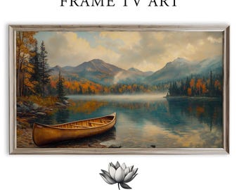 Serene Autumn Lake Frame TV Art with Canoe and Misty Mountains (Digital Download) 1622