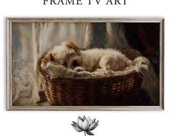 Rustic Puppy in Wicker Basket Frame TV Art (Digital Download) 2196