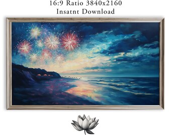 Twilight Fireworks Ocean Scene Frame TV Art, Coastal Painting (Digital Download) 2262